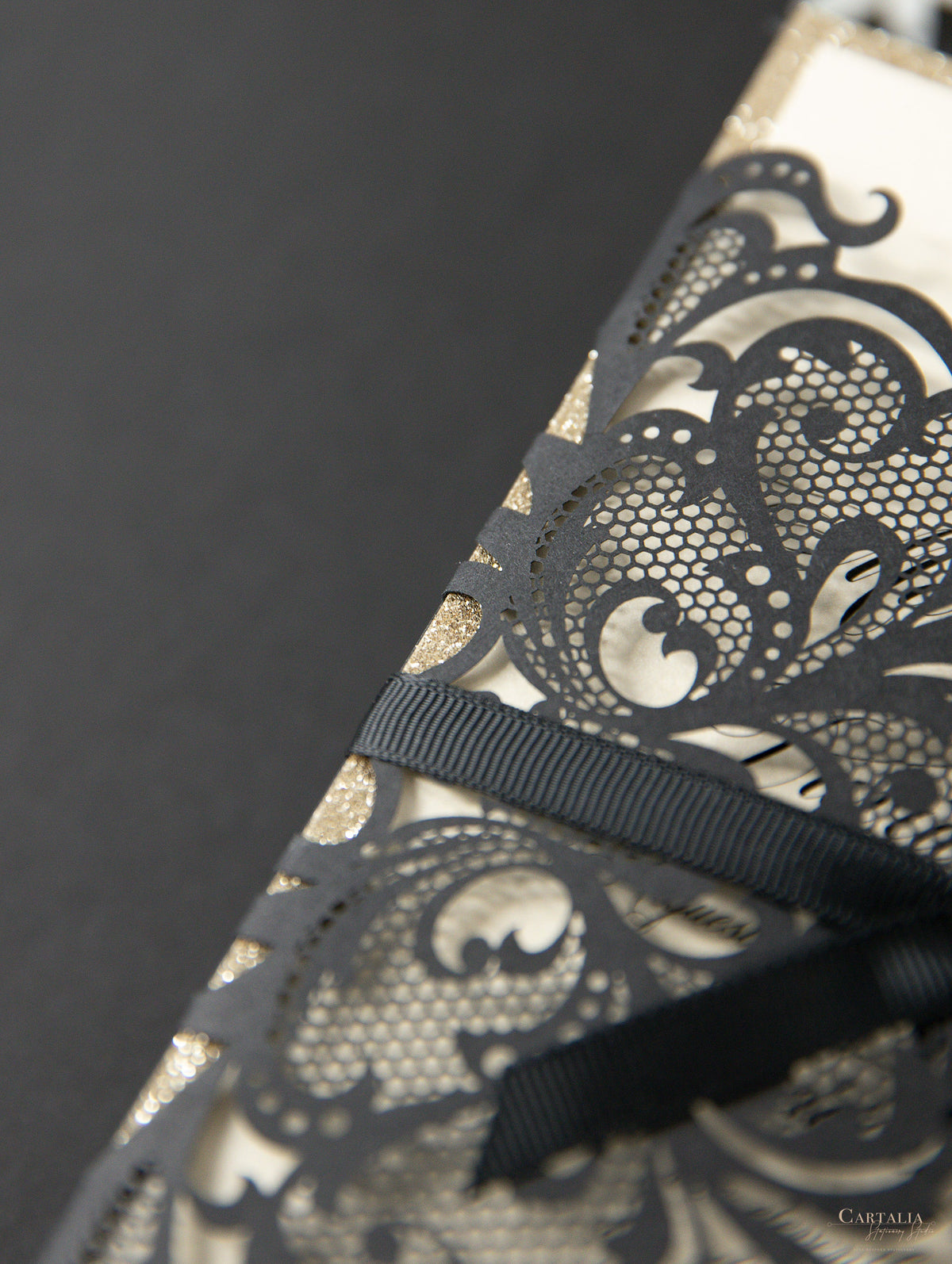Black Opulence Elegant Laser Gatefold with Ribbon Tie design and Gold Glitter