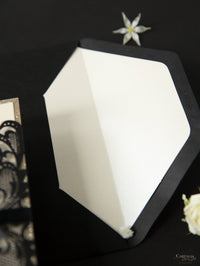 Black Opulence Elegant Laser Gatefold with Ribbon Tie design and Gold Glitter.