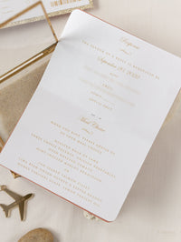 Terracotta, Cinnamon Luxury Passport Wedding Invitation with Gold String & Gold Glitter, Real Foil