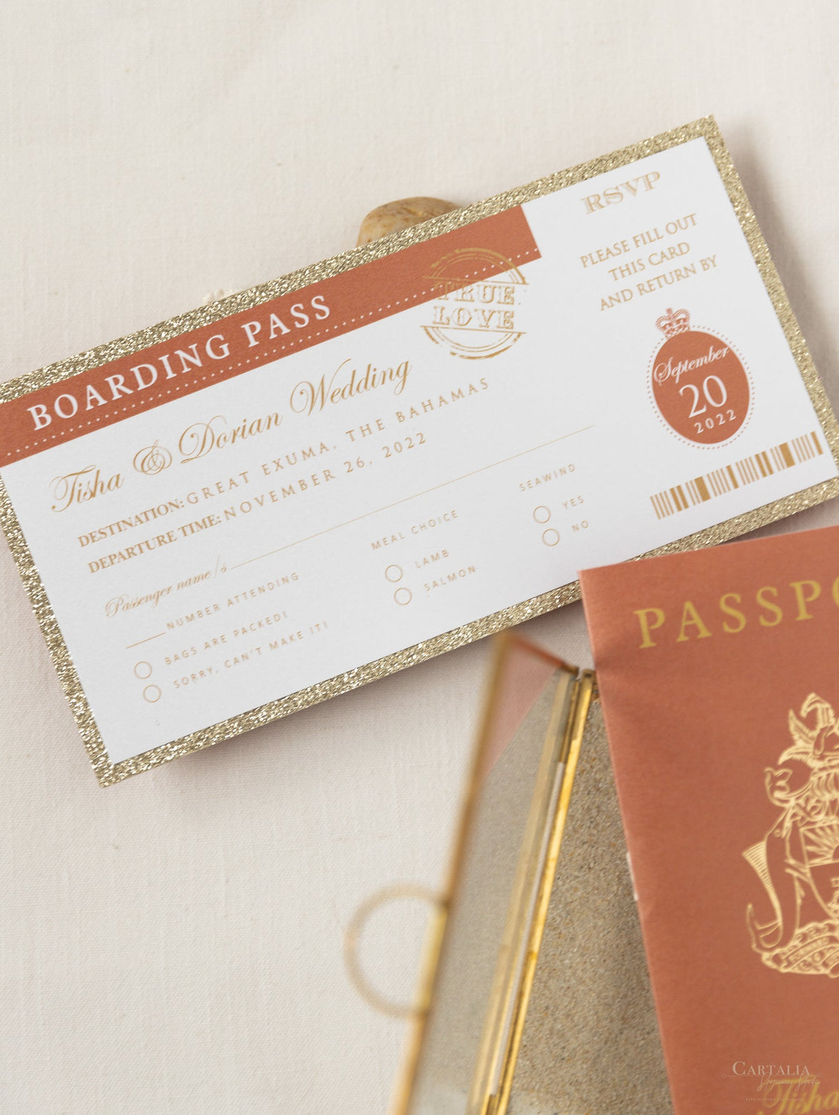 Terracotta, Cinnamon Luxury Passport Wedding Invitation with Gold String & Gold Glitter, Real Foil