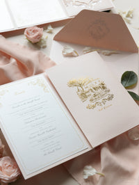 Suite tascabile classica di lusso con fard e crema con lamina d'oro e schizzo della location del matrimonio | Italia Villa Cimbrone, Ravello