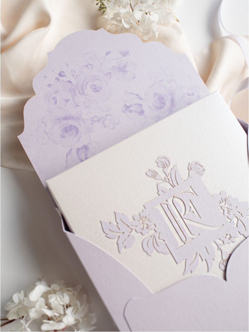 Scatola Couture lilla e viola: suite per inviti di nozze con taglio laser a livelli lussuosamente intricati in 3D