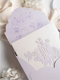 Scatola Couture lilla e viola: suite per inviti di nozze con taglio laser a livelli lussuosamente intricati in 3D
