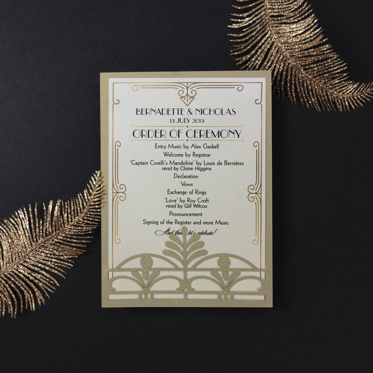 Golden Hollywood Lasercut Gate, Invitación a la recepción/noche del Gran Gatsby