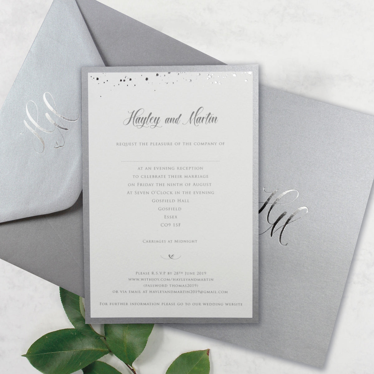 Silver Foil Confetti Dotted Evening Invitation with Monogram + Envelope