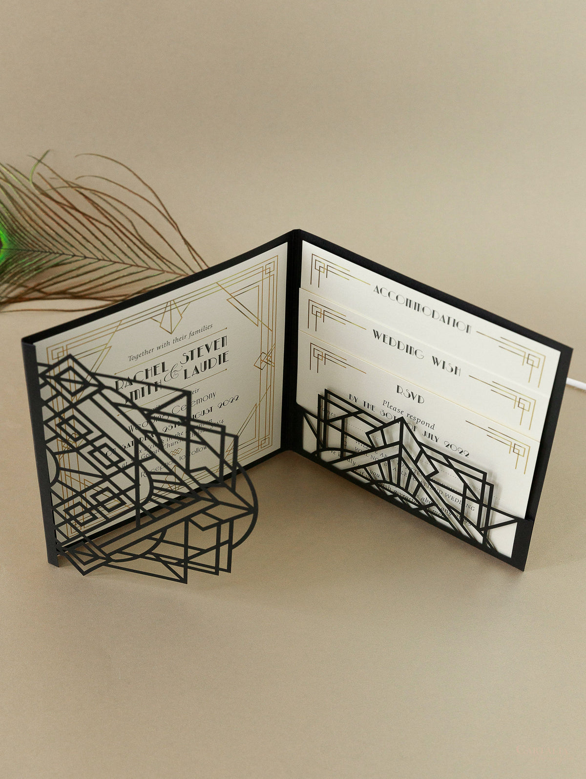 Art Deco Laser Cut Great Gatsby Laser Cut Pocketfold Wedding Invitation Suite with 3 Tier: Guest Info & Travel & RSVP Card