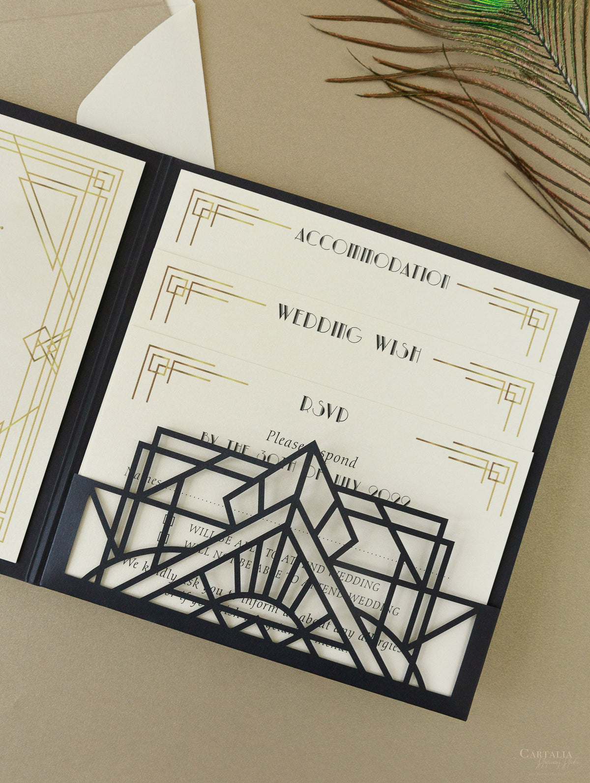 Art Deco Laser Cut Great Gatsby Laser Cut Pocketfold Wedding Invitation Suite with 3 Tier :  Guest Info & Travel & Rsvp Card