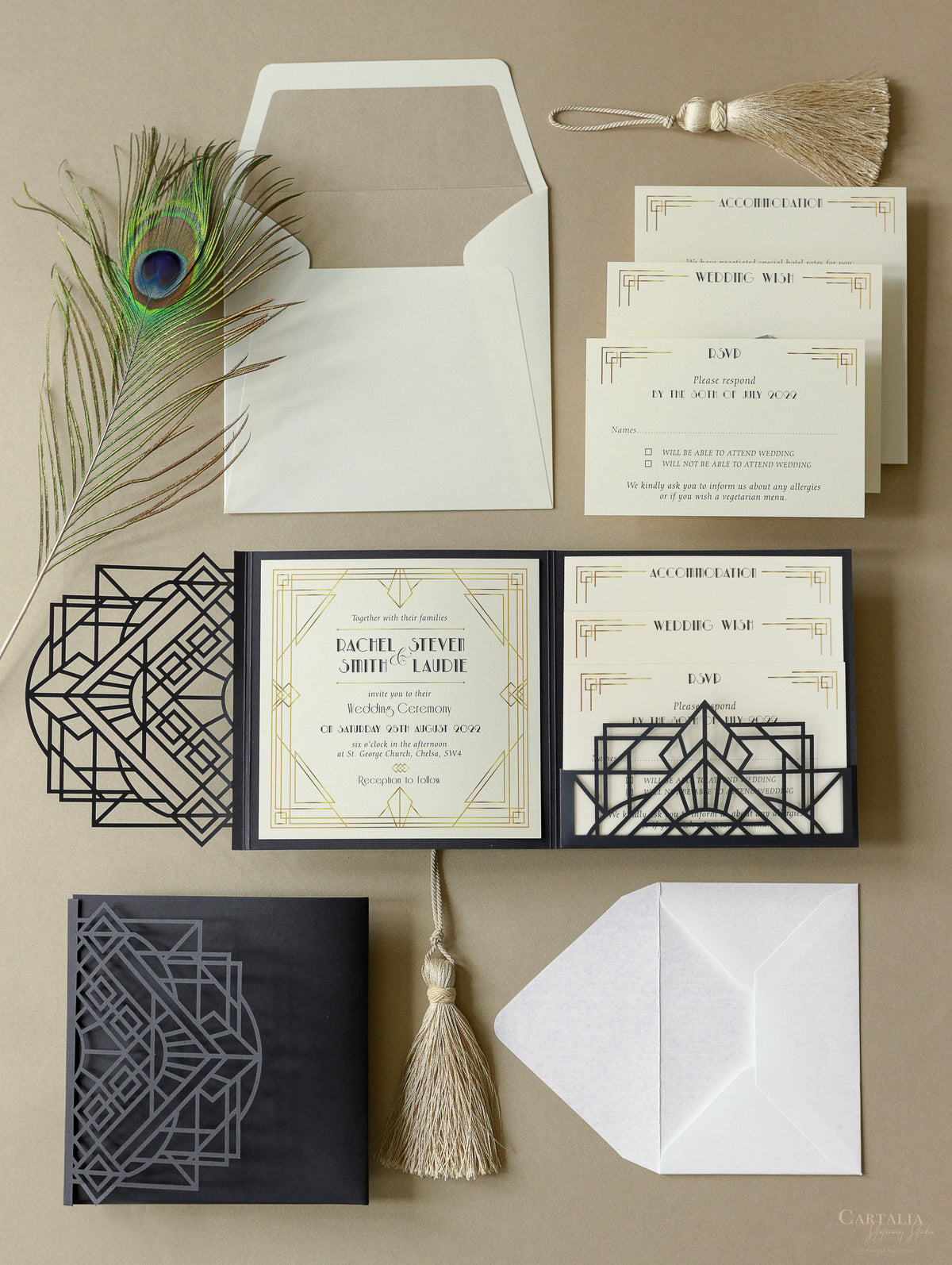 Art Deco Laser Cut Great Gatsby Laser Cut Pocketfold Wedding Invitation Suite with 3 Tier: Guest Info & Travel & RSVP Card