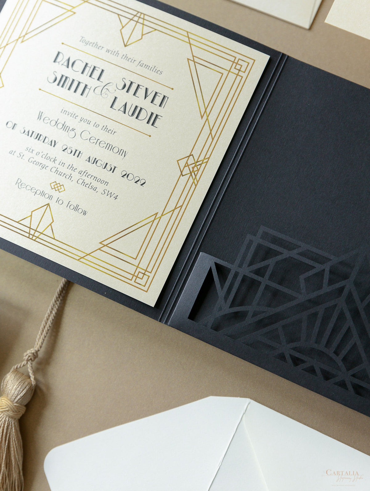 Art Deco Laser Cut Great Gatsby Laser Cut Pocketfold Wedding Invitation Suite with 3 Tier: Guest Info & Travel & RSVP Card