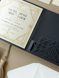 Art Deco Laser Cut Great Gatsby Laser Cut Pocketfold Wedding Invitation Suite with 3 Tier: Guest Info & Travel & RSVP Card
