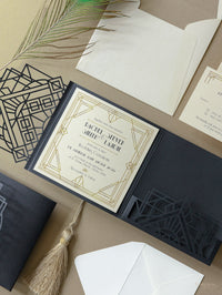 Art Deco Laser Cut Great Gatsby Laser Cut Pocketfold Wedding Invitation Suite with 3 Tier: Guest Info & Travel & RSVP Card