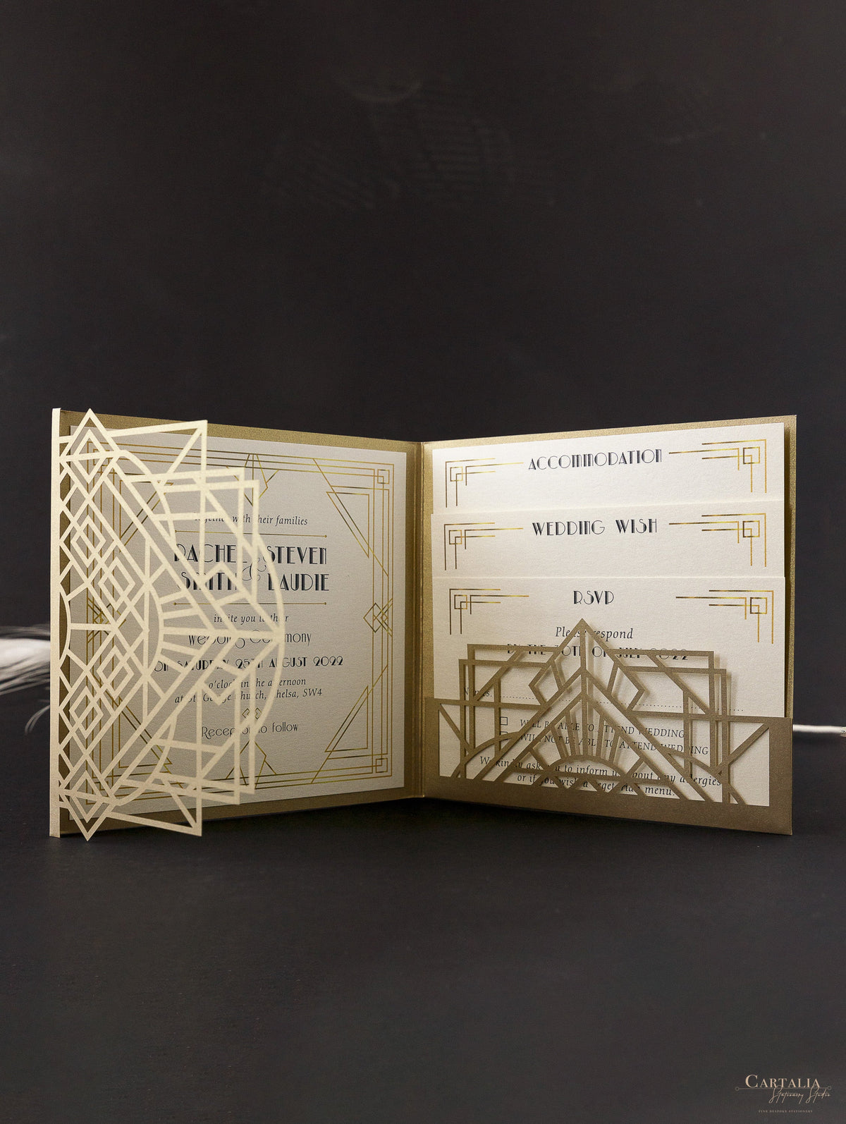 Art Deco Laser Cut Great Gatsby Laser Cut Pocketfold Wedding Invitation Suite with 3 Tier :  Guest Info & Travel & Rsvp Card