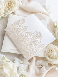 Romantic Roses Blush Laser Cut Pocket Folder with Rsvp Card