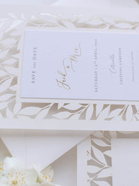 Stunning Gold Foil & Laser Cut Botanic Leaf Wedding Save the Date