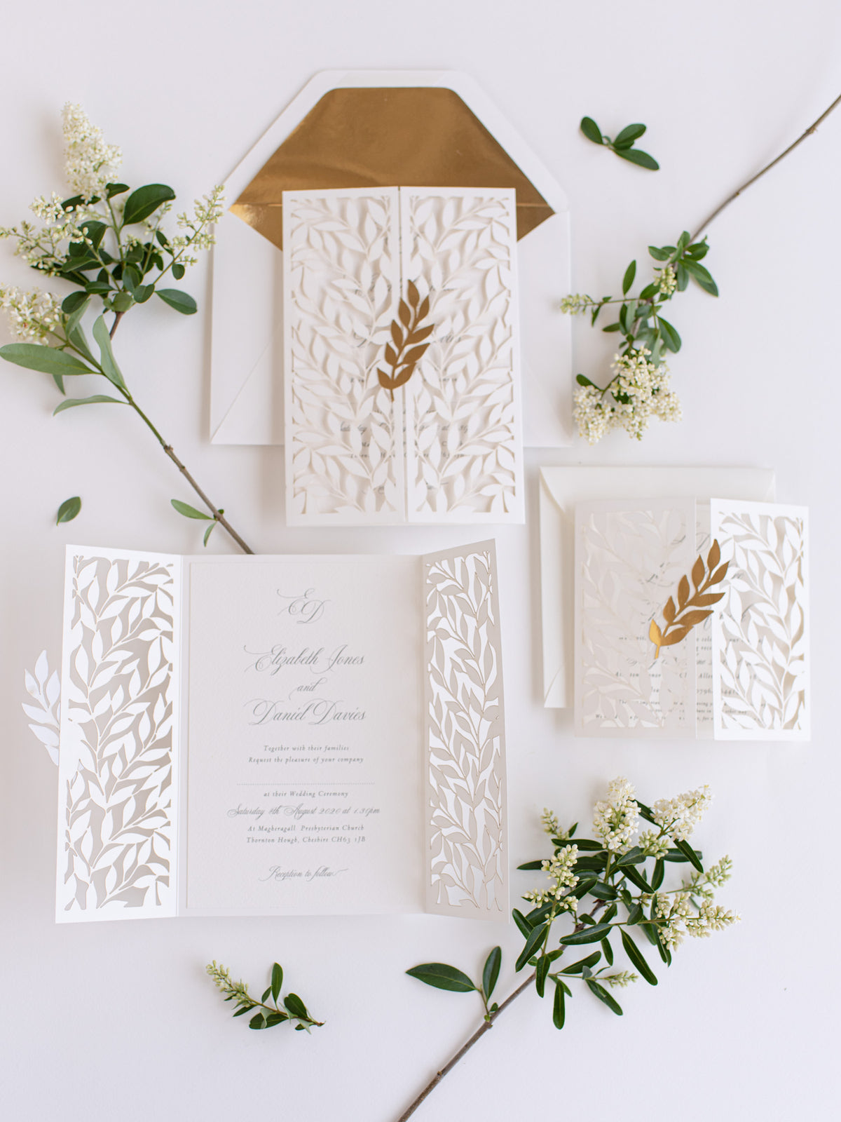 Classically Ivory Arch Gatefold with Intricate Laser Cut Leaf and Gold Foil Lace Day Invitation