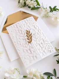 Classically Ivory Arch Gatefold with Intricate Laser Cut Leaf and Gold Foil Lace Day Invitation