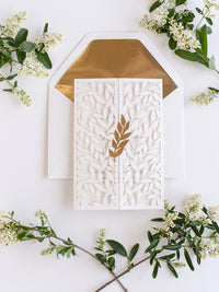 Classically Ivory Arch Gatefold with Intricate Laser Cut Leaf and Gold Foil Lace Day Invitation