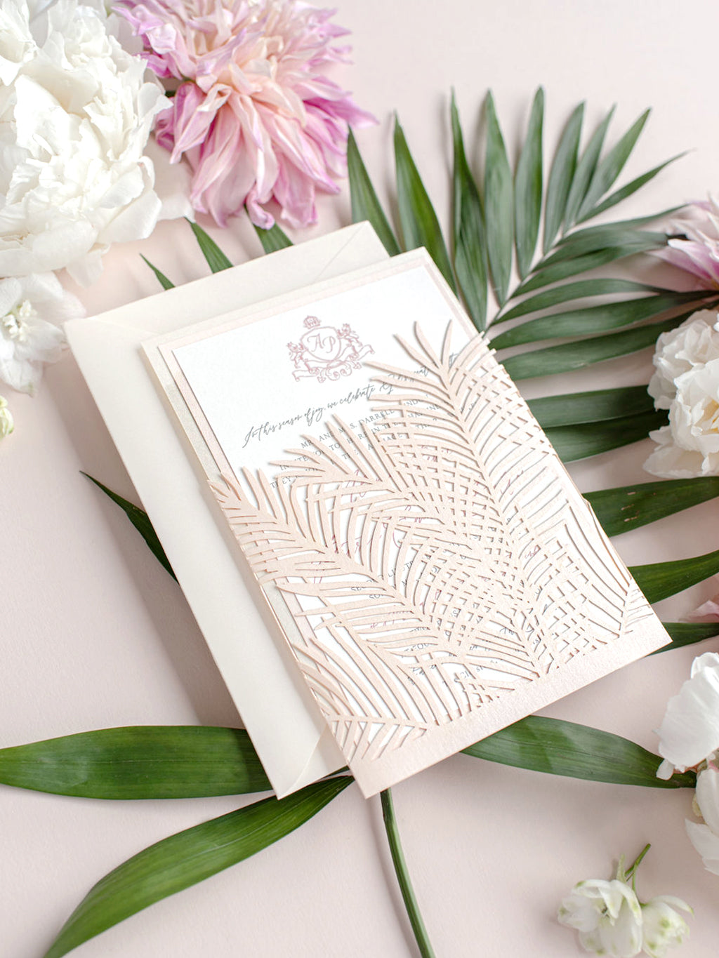 Luxury Tropicana A Palm Tree Wrap Laser Cut Leaves with RSVP + Reception Suite Invitation