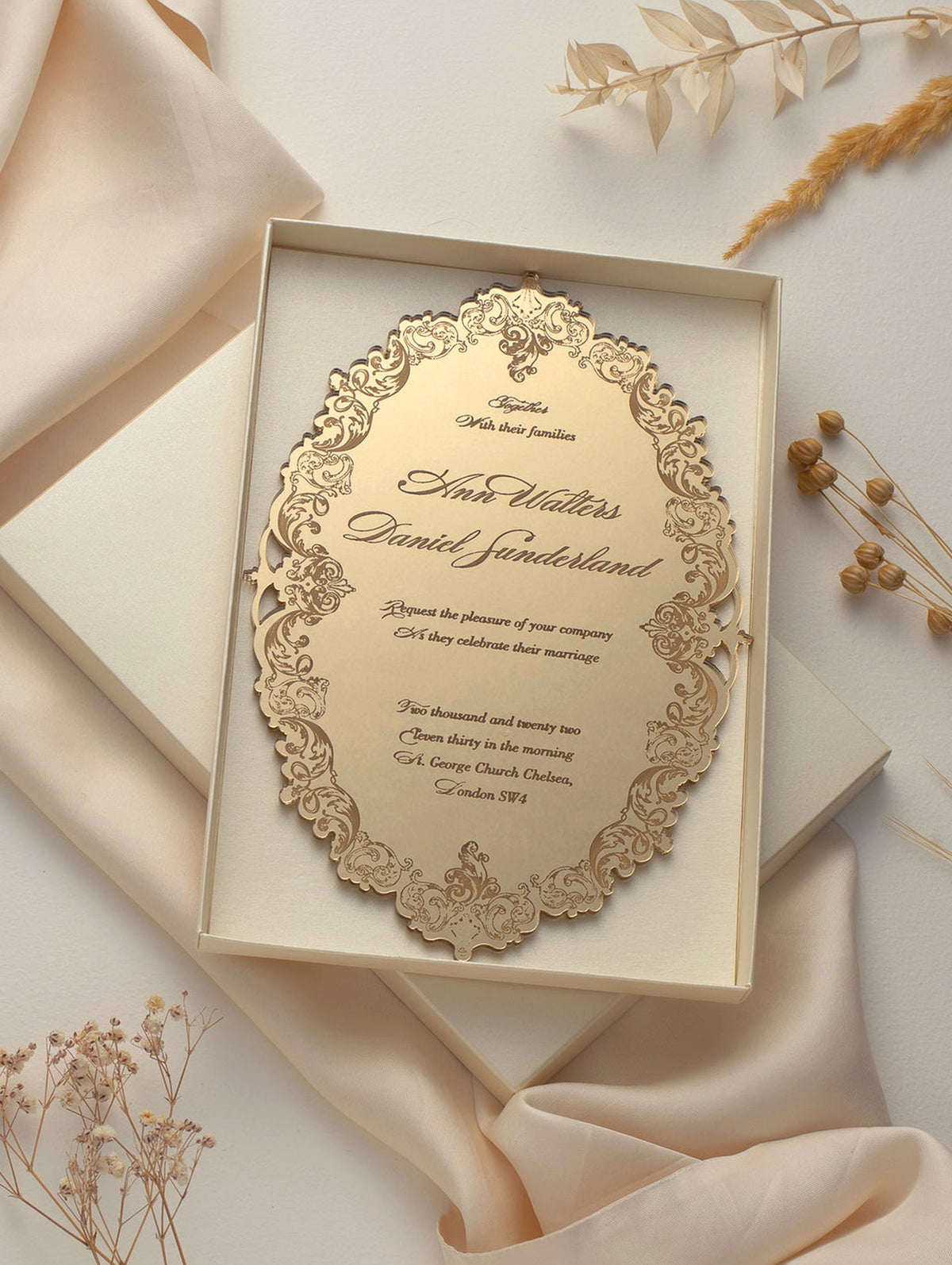 Luxury Boxed Invitation: a Decadent Mirror Gold Plexi Wedding Invitation - Engraved
