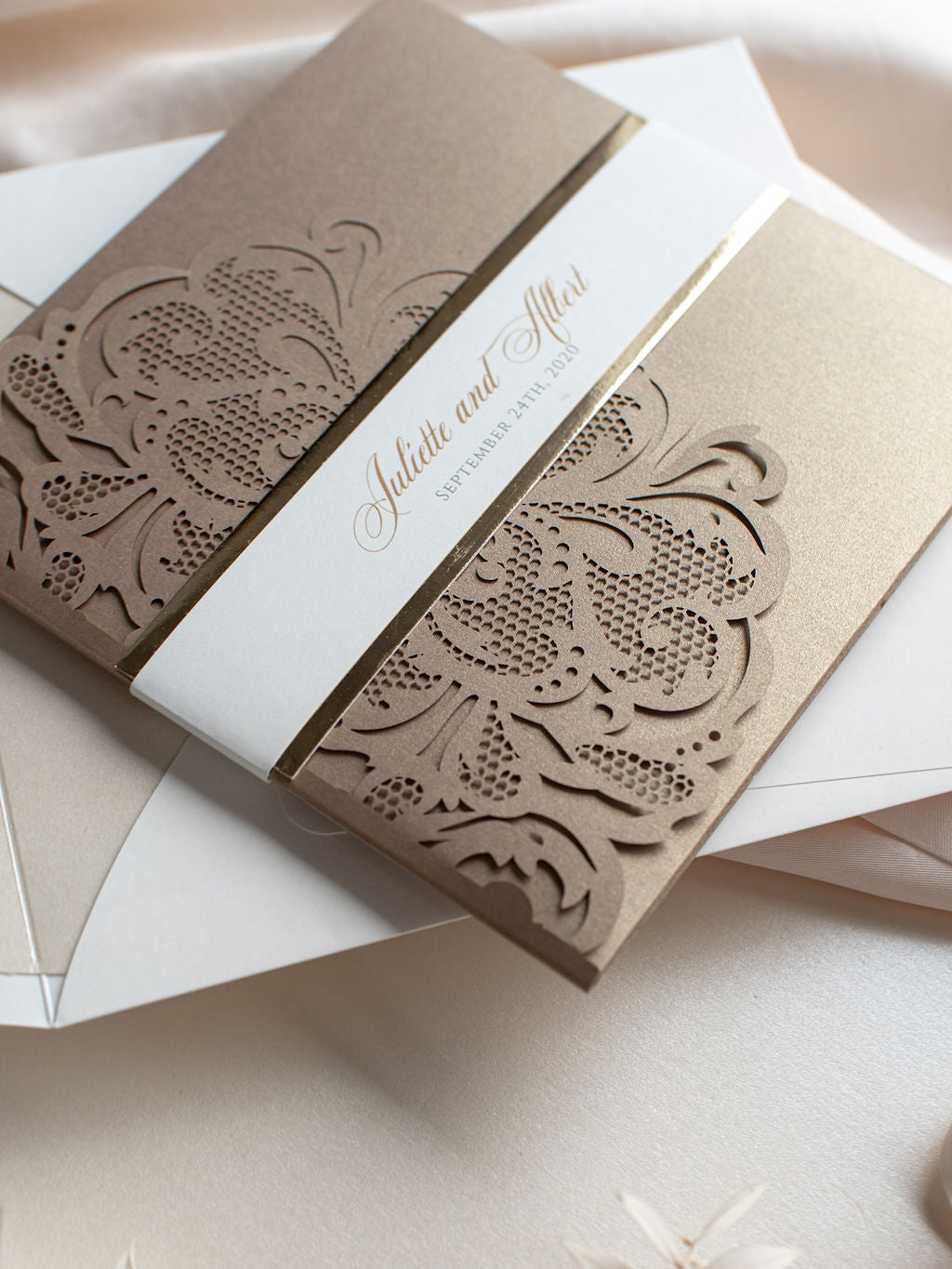 Luxury Blush Opulence Laser Cut Lace Pocketfold Wedding Invitation Suite with 3 Tier:  Guest Info & Travel & RSVP Card