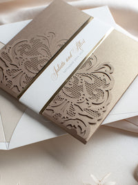 Luxury Blush Opulence Laser Cut Lace Pocketfold Wedding Invitation Suite with 3 Tier:  Guest Info & Travel & RSVP Card