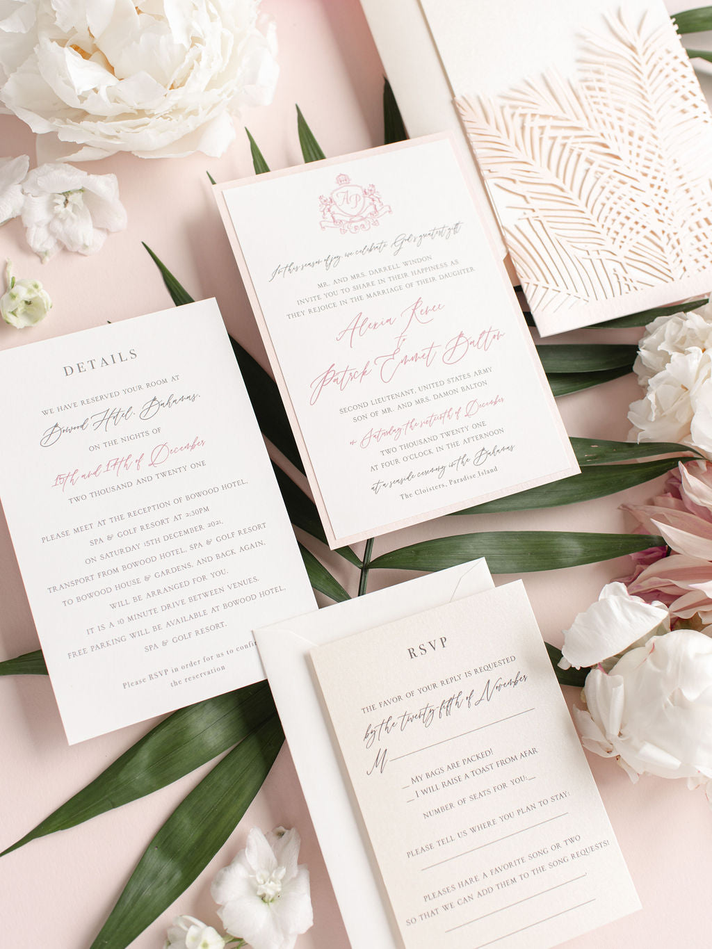Luxury Tropicana A Palm Tree Wrap Laser Cut Leaves with RSVP + Reception Suite Invitation