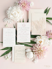 Luxury Tropicana A Palm Tree Wrap Laser Cut Leaves with RSVP + Reception Suite Invitation
