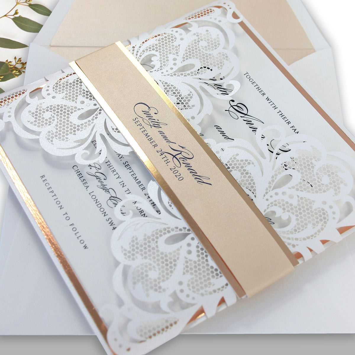 Fard in lamina d'oro rosa e classico bianco - Carta Rsvp