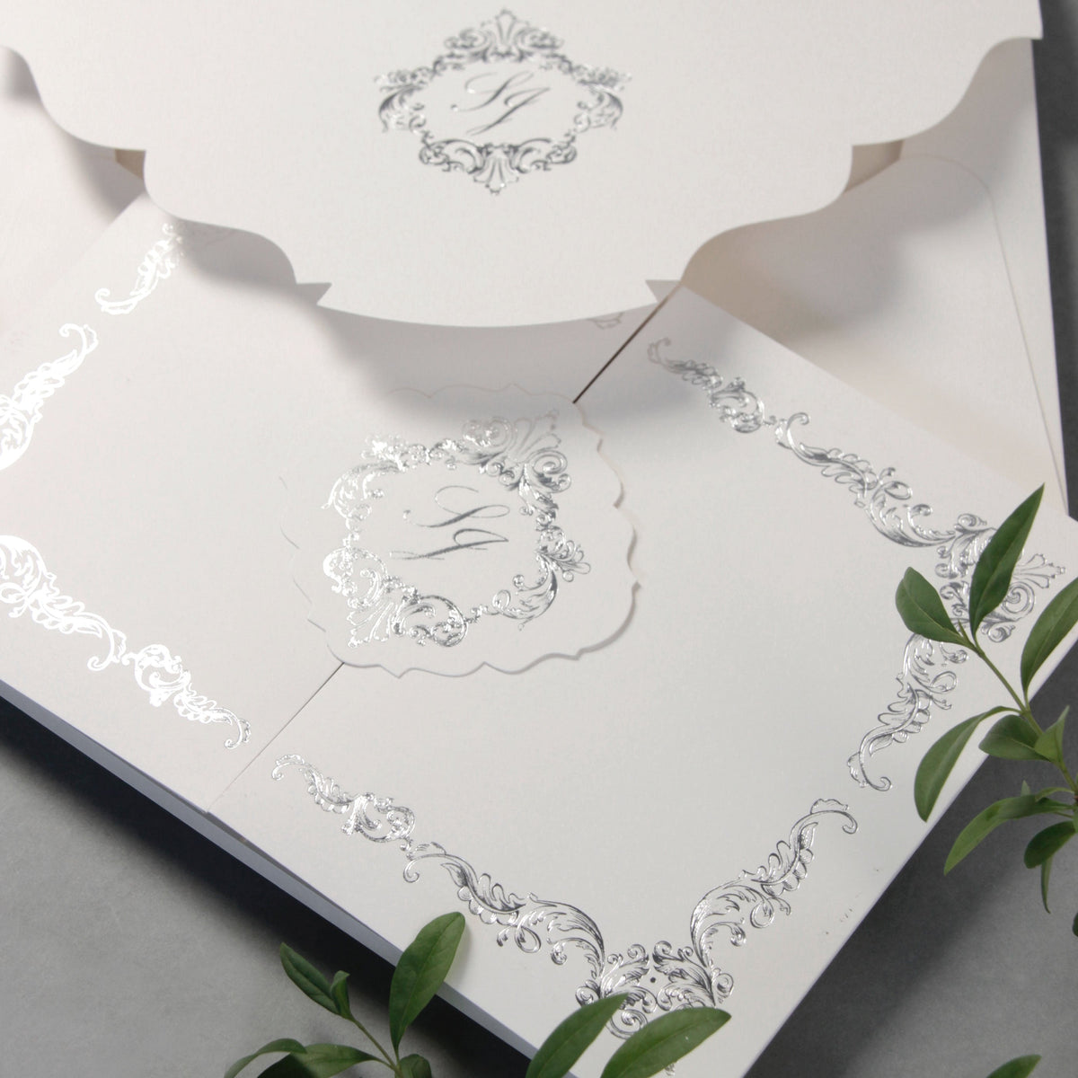 Luxury Siver Foil pocket fold suite for Wedding Day, Rsvp, Info Card Invitation Suite with Laser Cut pocket, Calligraphy Script
