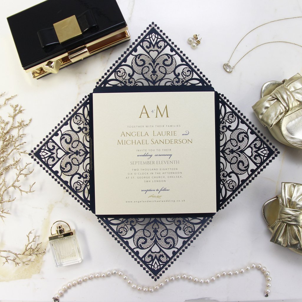 Monogram Belly Band Intricate Laser Cut Square Foil border with Glitter Pocket Invitation