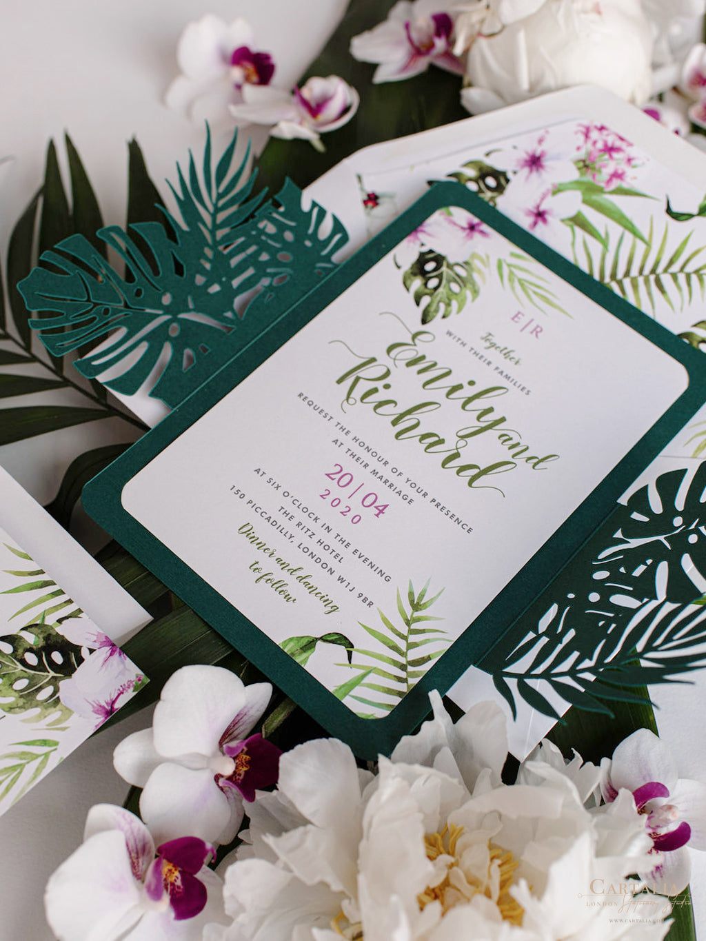 Monstera Tropical Botanic Leaf Green Laser Cut Floral Destination Wedding Invitation with Rsvp Card and Lined Envelopes