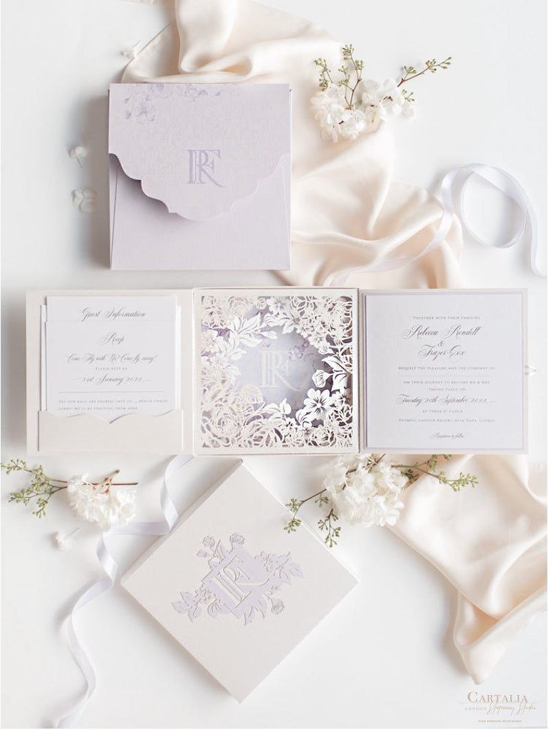 Lilac & Purple Couture Box : 3D Luxuriously Intricate Tier Laser Cutting Wedding Invitation Suite