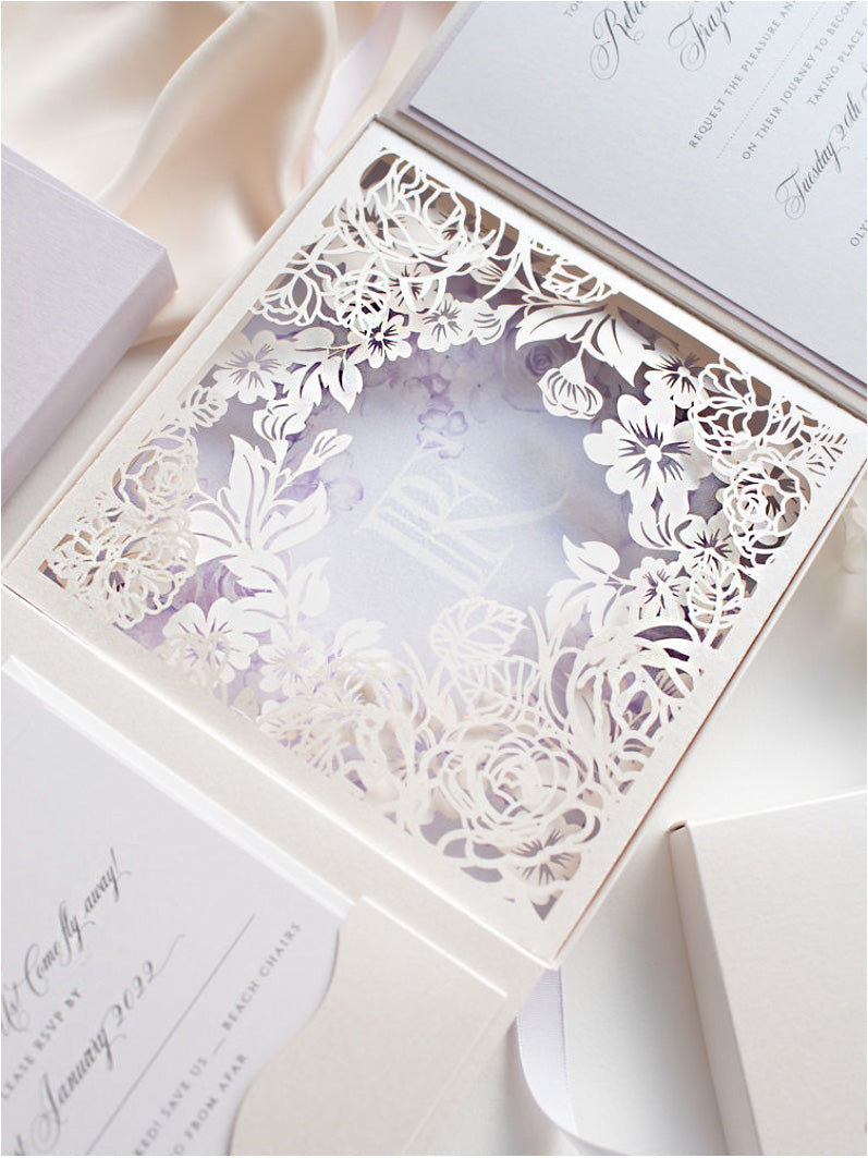 Scatola Couture lilla e viola: suite per inviti di nozze con taglio laser a livelli lussuosamente intricati in 3D