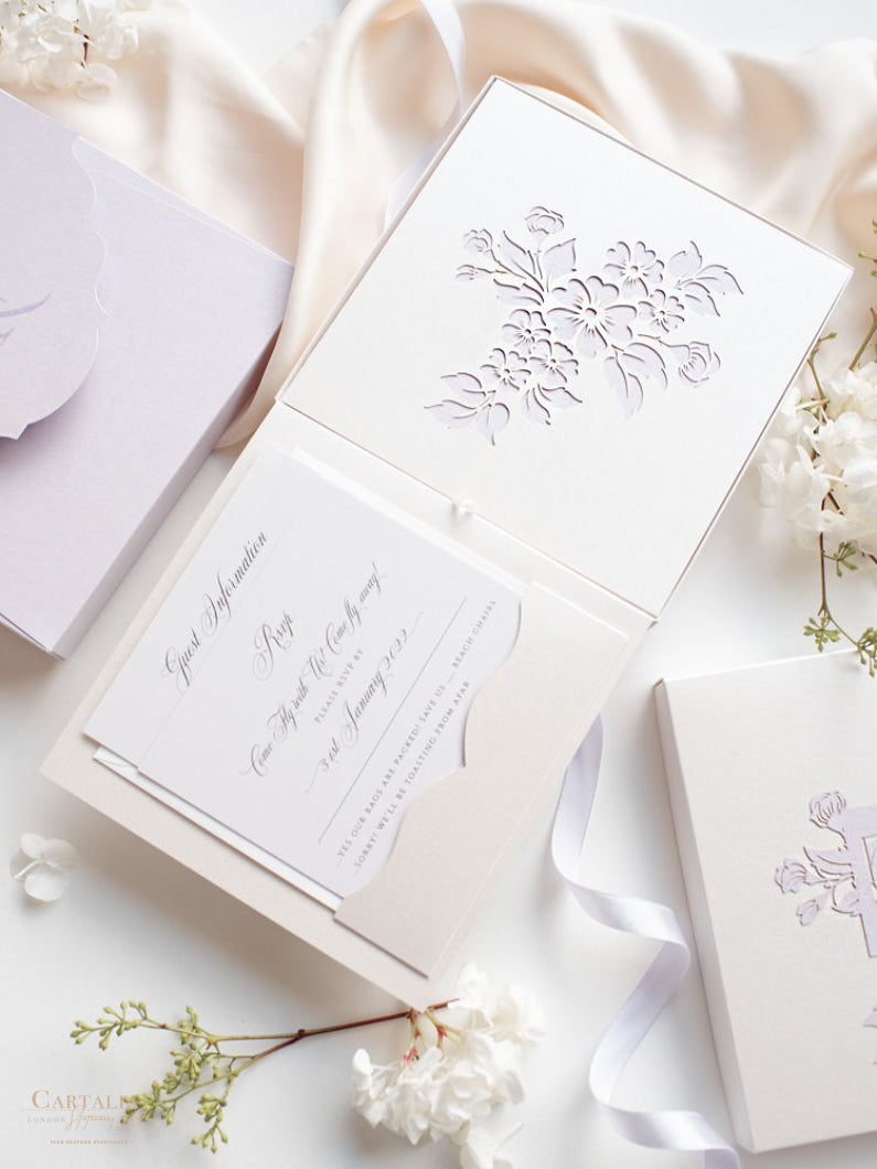 Lilac & Purple Couture Box : 3D Luxuriously Intricate Tier Laser Cutting Wedding Invitation Suite