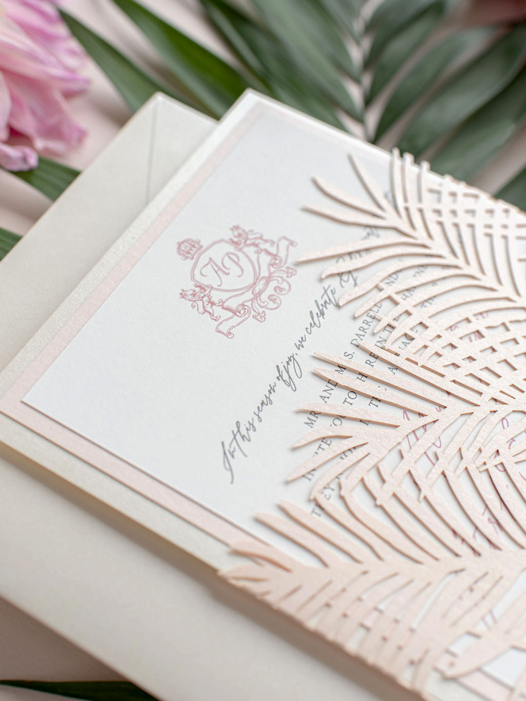 Luxury Tropicana A Palm Tree Wrap Laser Cut Leaves with RSVP + Reception Suite Invitation