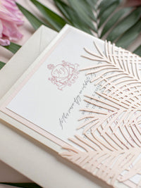 Luxury Tropicana A Palm Tree Wrap Laser Cut Leaves with RSVP + Reception Suite Invitation