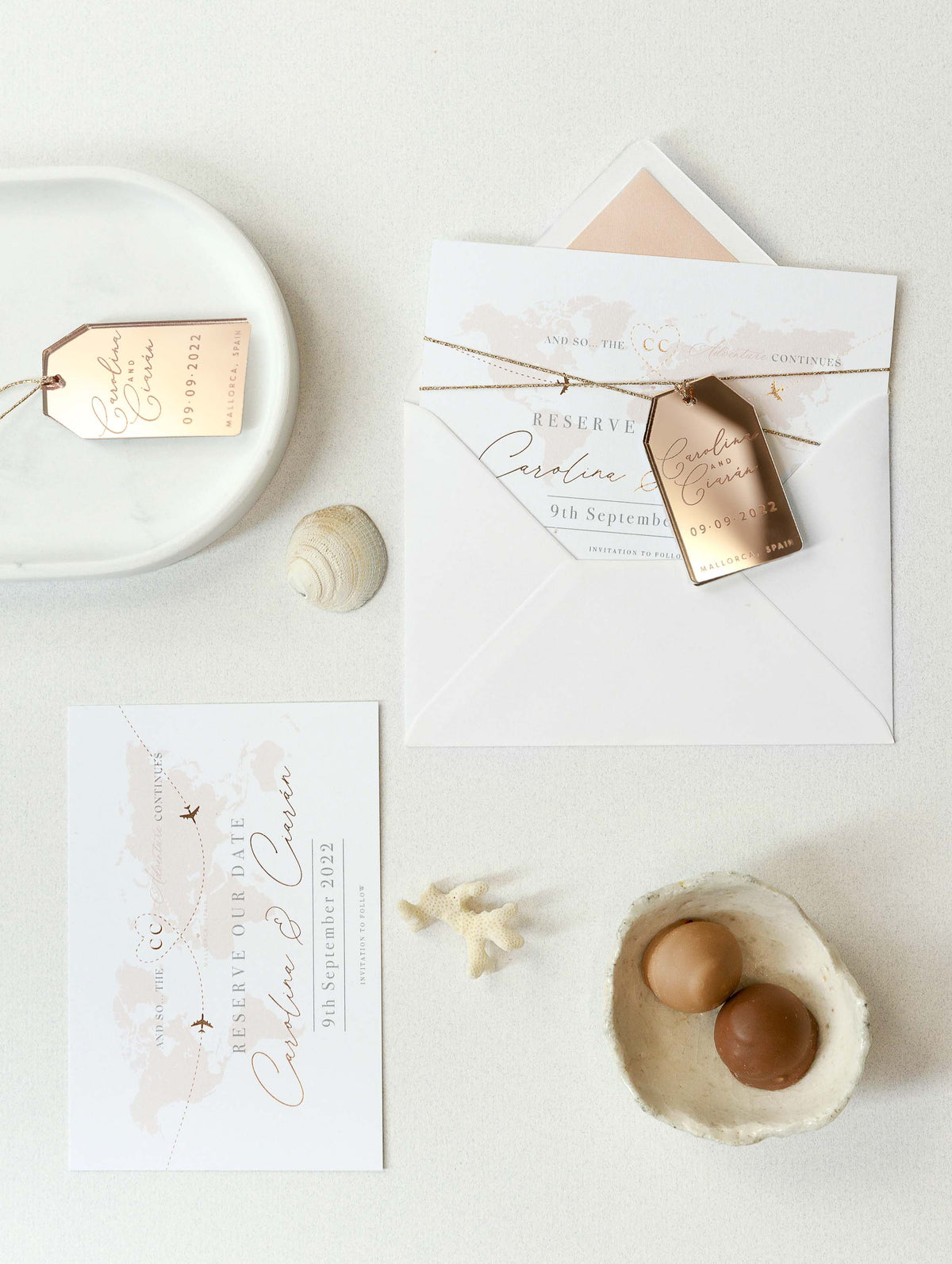 Luxury Destination Magnet in Rose Gold Mirror Plexi Save the Date Card