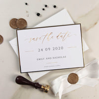 Gold Wax Seal Calligraphy Style Save the Date with Luxury Gold Foil Trim