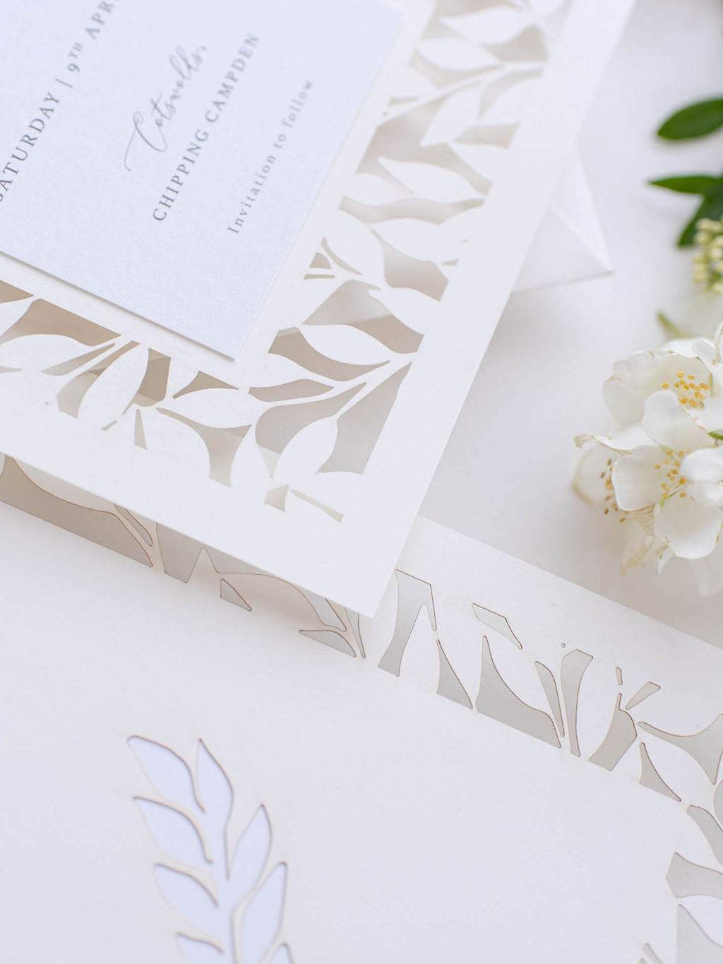 Stunning Gold Foil & Laser Cut Botanic Leaf Wedding Save the Date