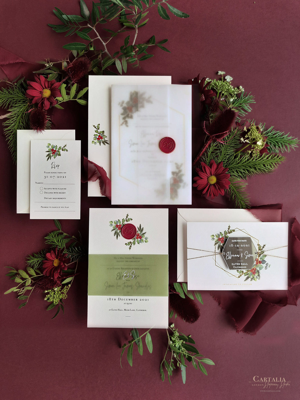 Mistletoe Kiss | Christmas Wedding Invitations with Wax Seal Monogram Vellum Suite