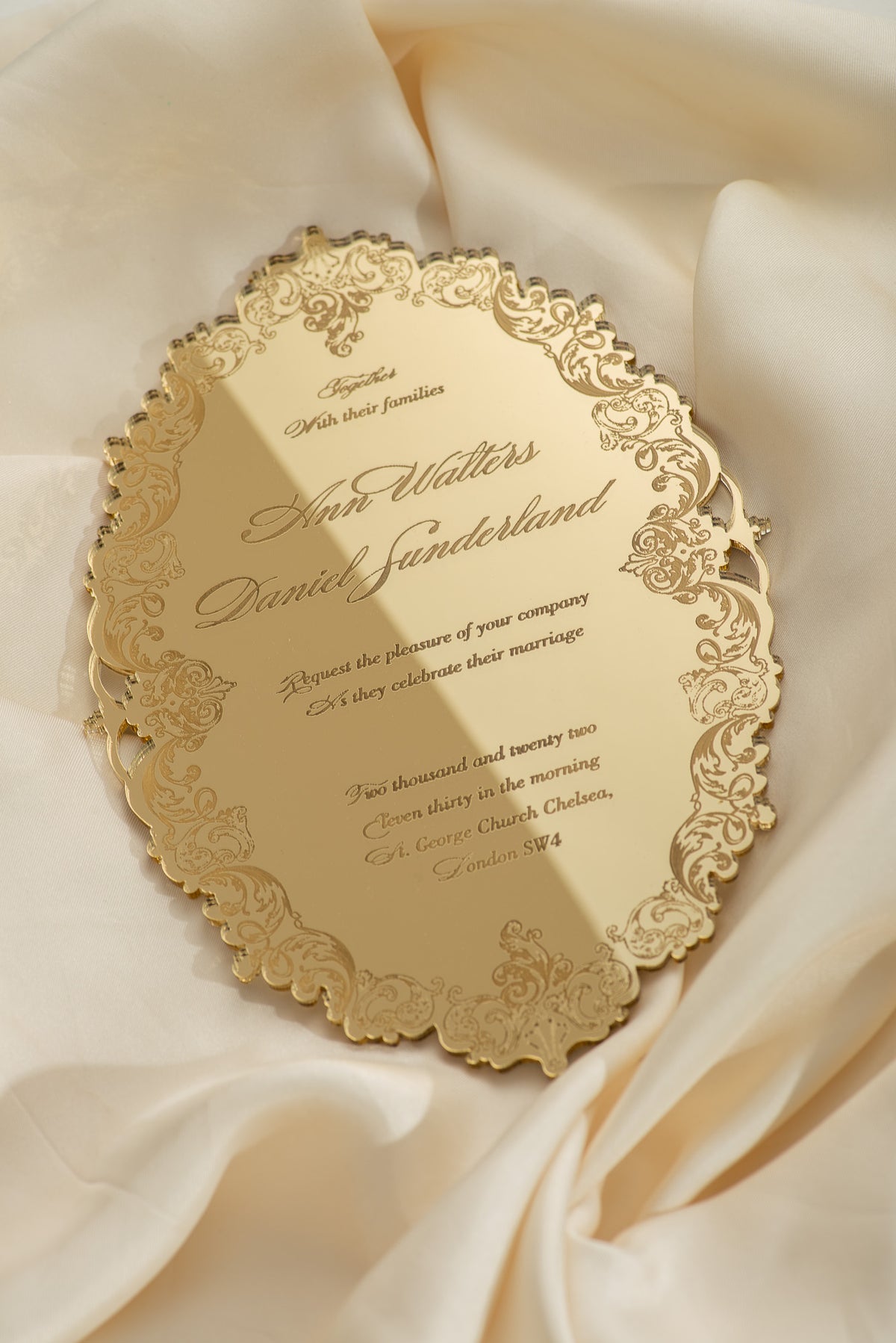 Luxury Boxed Invitation: a Decadent Mirror Gold Plexi Wedding Invitation - Engraved