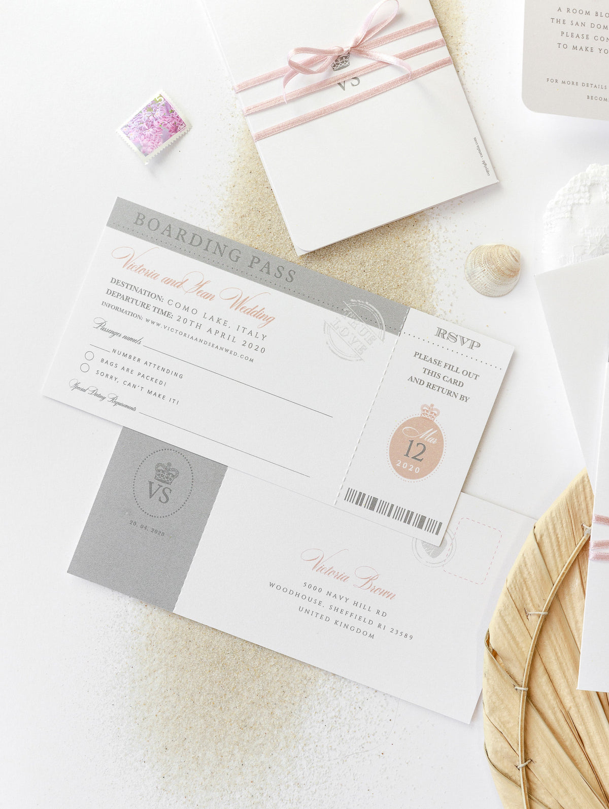 Passport Wedding Invitation in Blush with Silver Foil Boarding Pass Invite suite