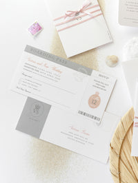 Passport Wedding Invitation in Blush with Silver Foil Boarding Pass Invite suite