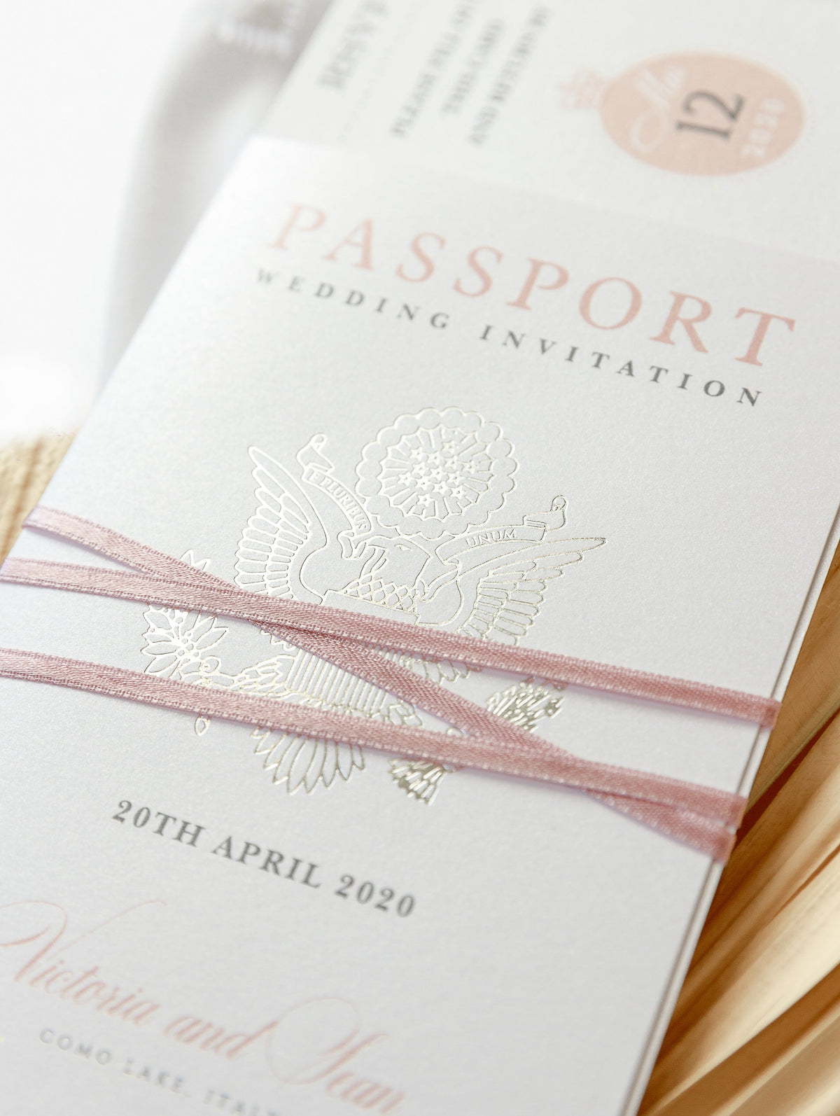 Passport Wedding Invitation in Blush with Silver Foil Boarding Pass Invite suite
