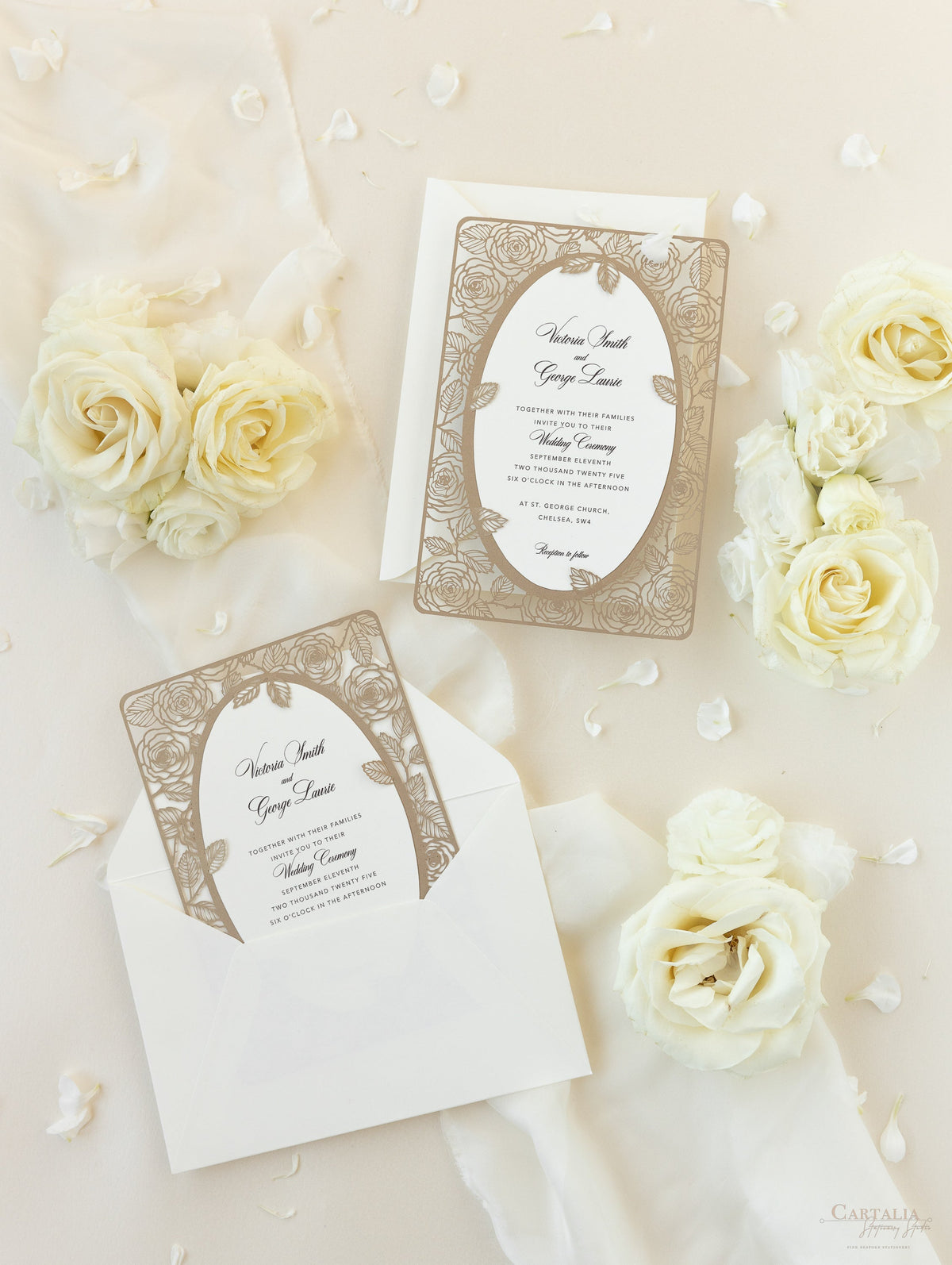 Champagne Romantic Roses Mirror Laser Cut le jour du mariage Invitation