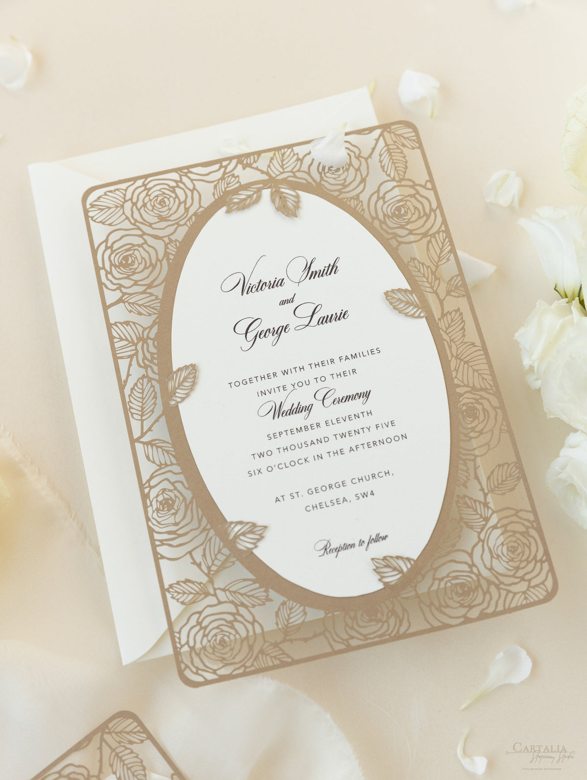 Champagne Romantic Roses Mirror Laser Cut le jour du mariage Invitation