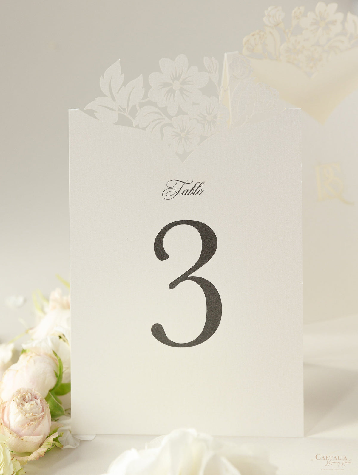 Romantic Table Number Cards with Laser Cut Flowers & Monogram