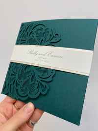 Luxury White & Gold Laser Cut Lace Pocketfold Wedding Invitation Suite with 3 Tier: Guest Info & Travel & RSVP Card