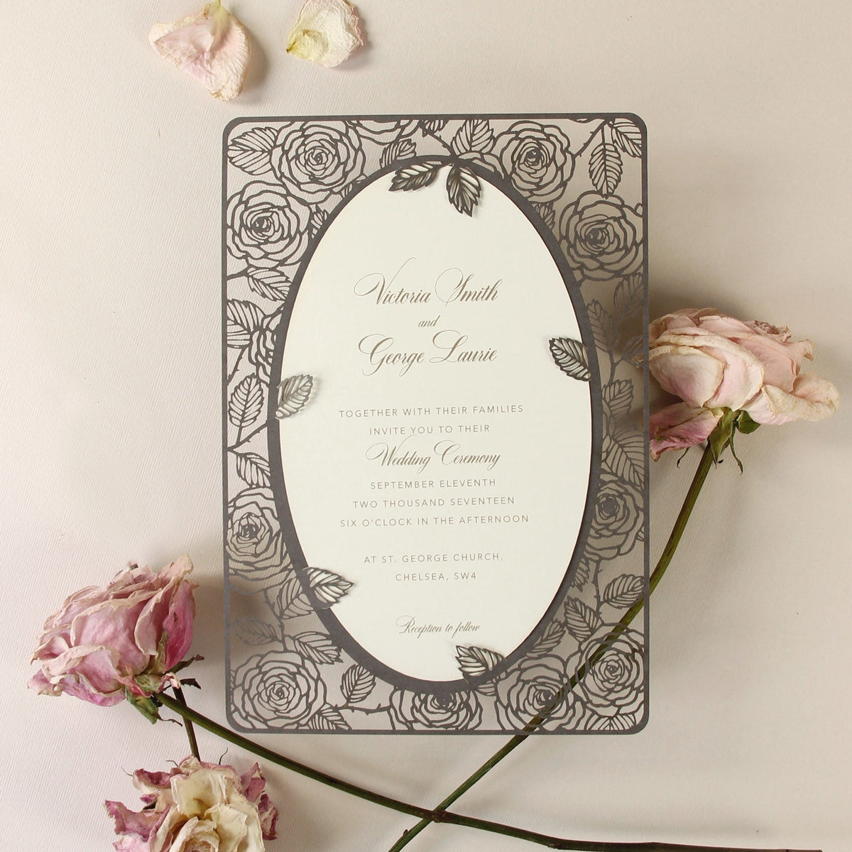 Champagne Romantic Roses Mirror Laser Cut le jour du mariage Invitation