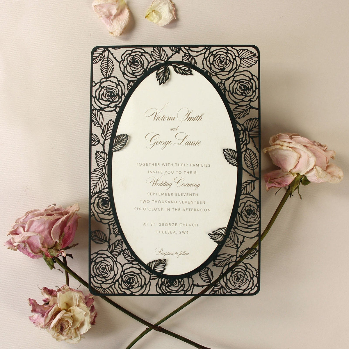 Champagne Romantic Roses Mirror Laser Cut le jour du mariage Invitation